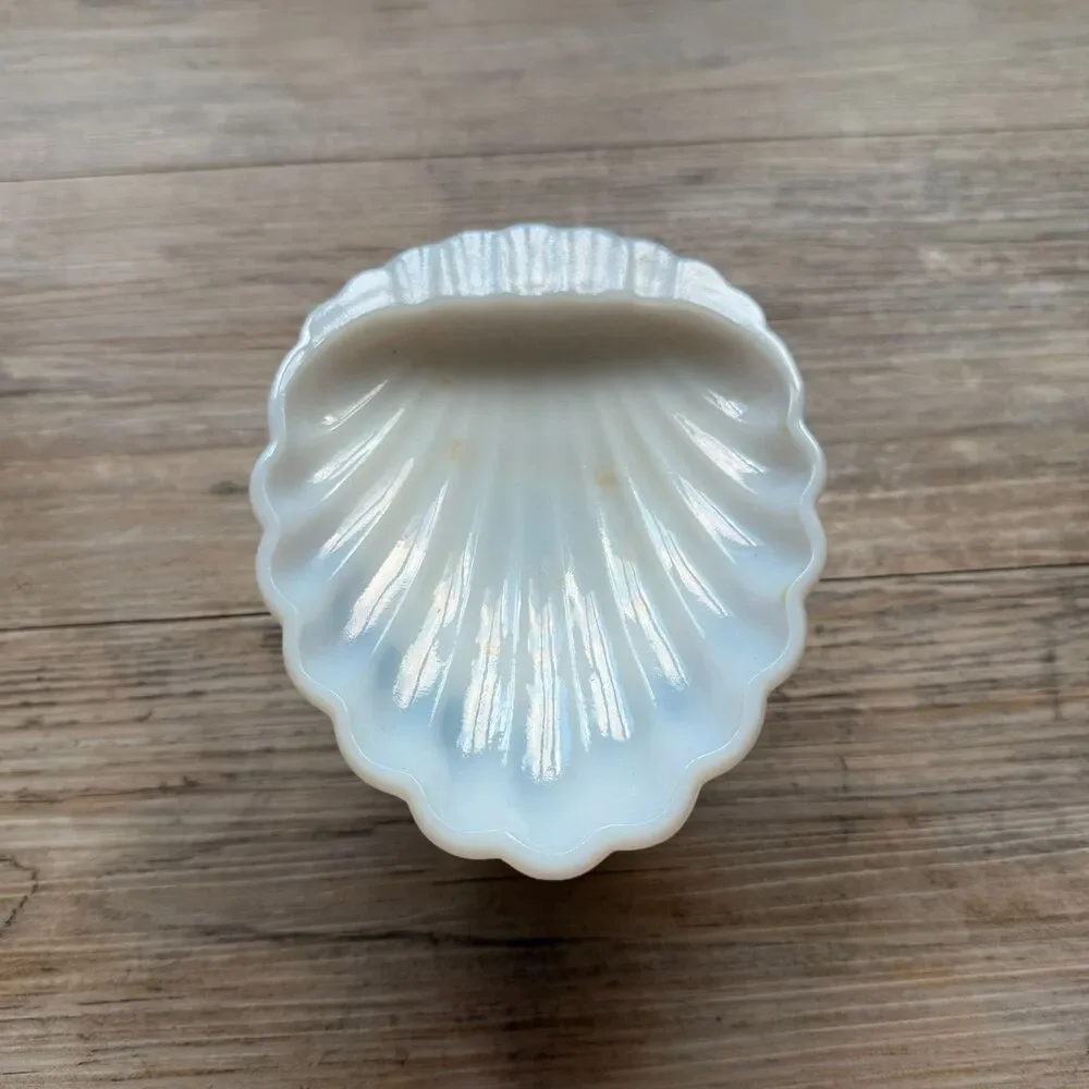 Vintage Milk Glass Shell Dish Pedestal Soap Dish Coastal Cottage Jewelry Trinket